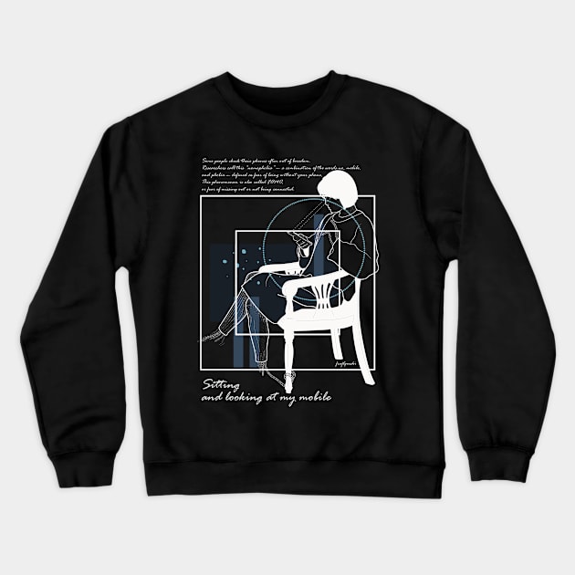 Sitting and looking at my mobile version 6 Crewneck Sweatshirt by Frajtgorski